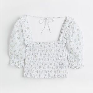 H&M White Floral Smocked Blouse, XS